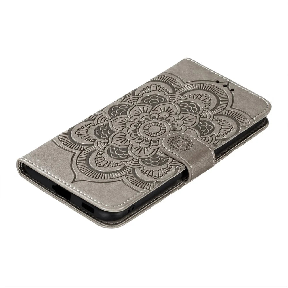 Imprint Mandala Flower Leather Phone Cover for Samsung Galaxy S21 4G/5G Stand Case - Grey - 7