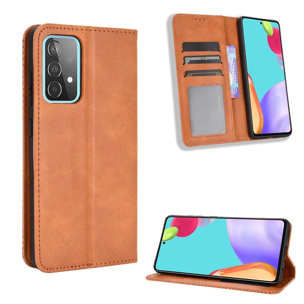 Retro Style Auto-absorbed Leather Phone Shell for Samsung Galaxy A72 4G/5G Wallet Stand Case - Brown - 1