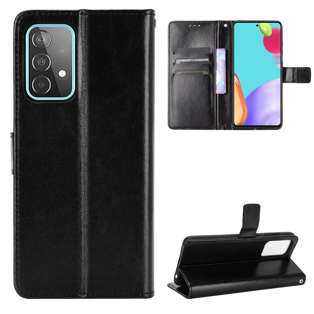 Full Protection Crazy Horse Texture Leather Shell with Wallet and Stand for Samsung Galaxy A52 4G/5G / A52s 5G - Black - 1