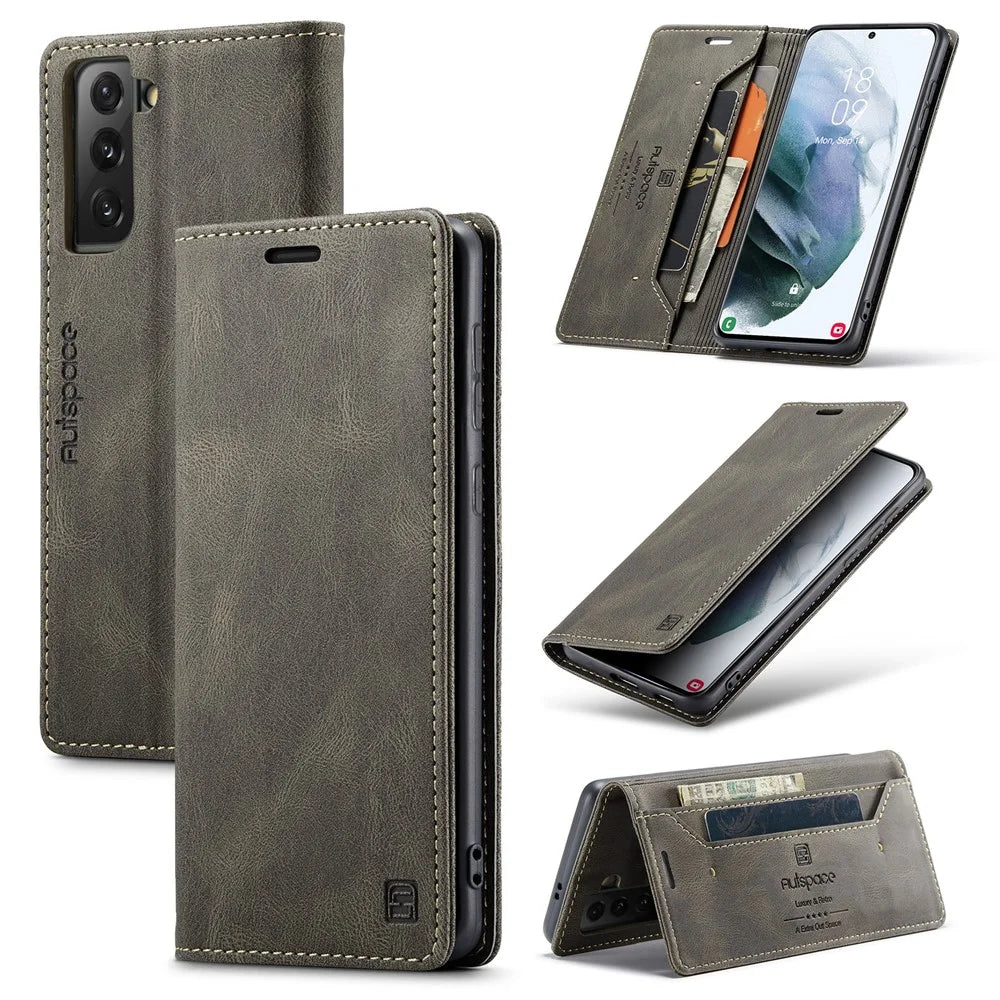 AUTSPACE A01 Series Retro Style Matte Stand Wallet Leather Case for Samsung Galaxy S21+ 5G - Coffee - 1