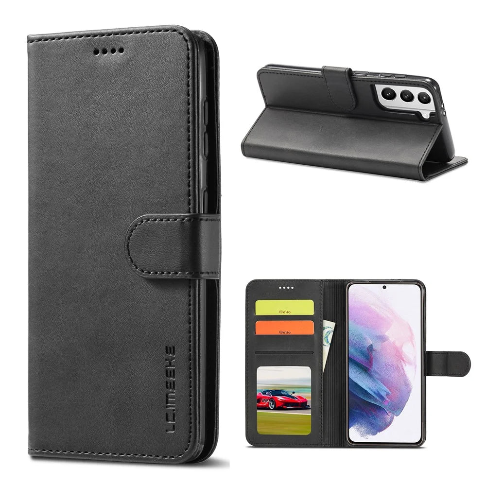 LC.IMEEKE Phone Shell for Samsung Galaxy S21 4G/5G PU Leather Wallet Foldable Stand Case - Black - 1