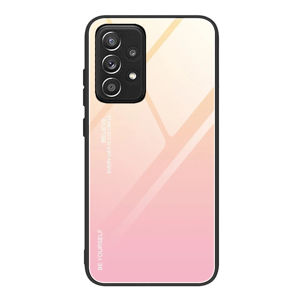Soft TPU Edge + Anti-Scratch HD Tempered Glass Phone Case with Color Gradient Pattern for Samsung Galaxy A52 4G/5G / A52s 5G - Gold/Pink - 1