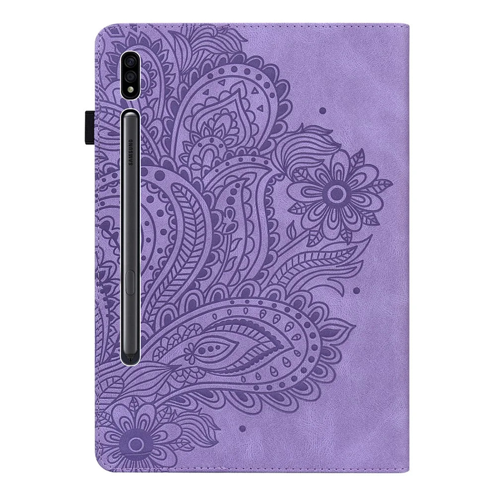 Imprinted Flower Pattern Leather Wallet Stand Tablet Protective Shell for Samsung Galaxy Tab S7 SM-T870 SM-T875 SM-T876B / S8 - Purple - 2