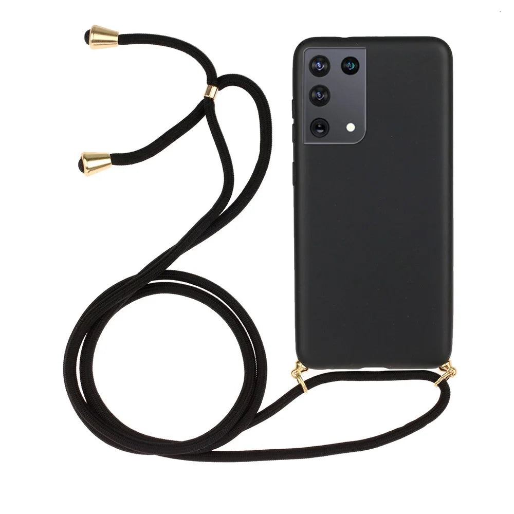 For Samsung Galaxy S21 Ultra 5G Eco-Friendly Wheat Straw Soft TPU Phone Case with Adjustable Lanyard - Black - 1