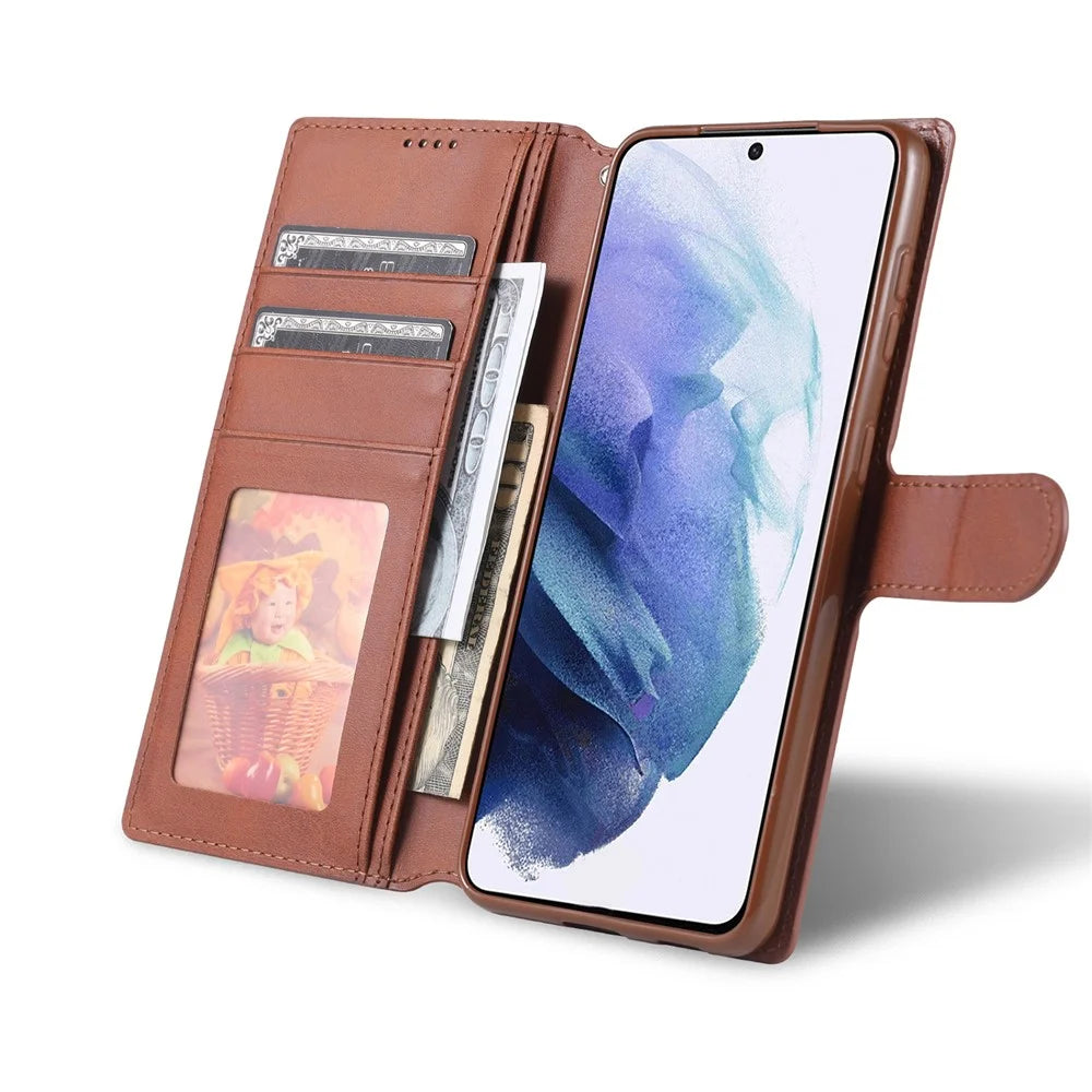 AZNS Dual-sided Magnetic Clasp Wallet PU Leather Stand Case for Samsung Galaxy S21 4G/5G - Brown - 7