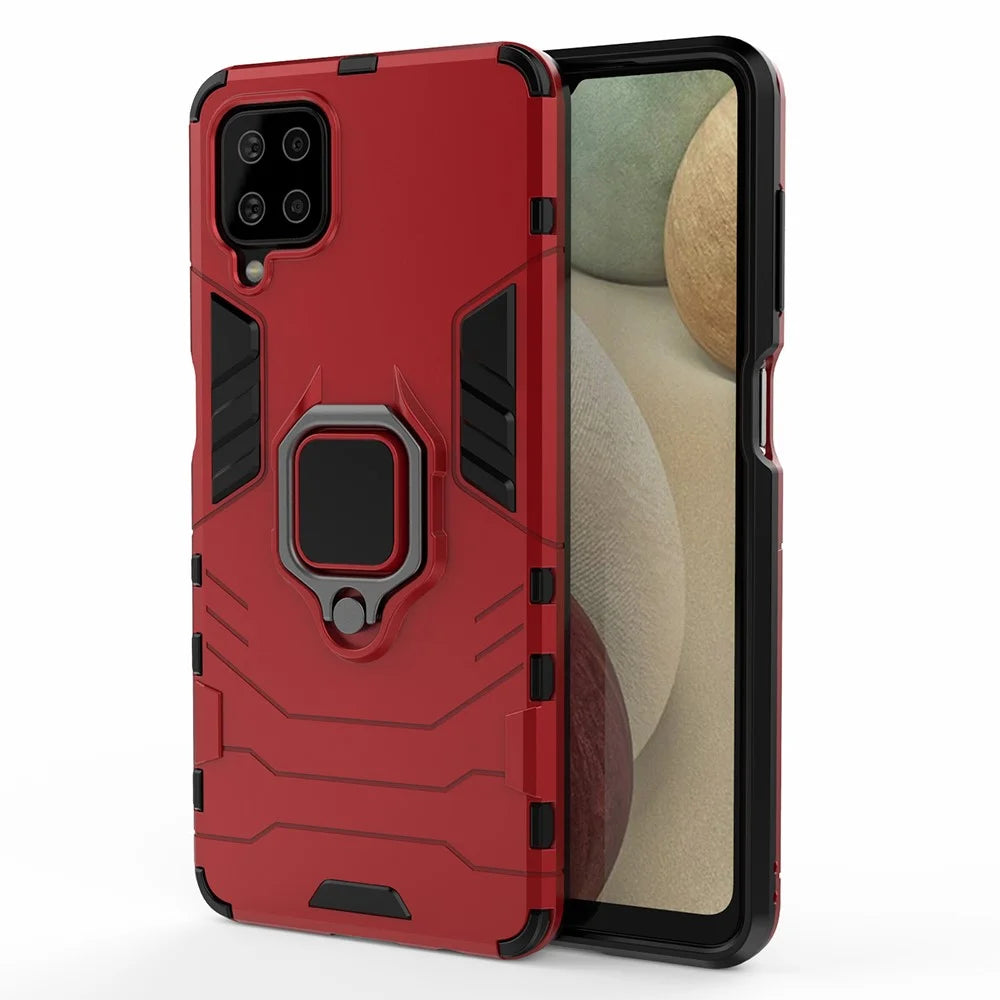 For Samsung Galaxy A12 Cool Guard PC + TPU Hybrid Phone Case Cell Phone Cover with Ring Kickstand - Red - 2