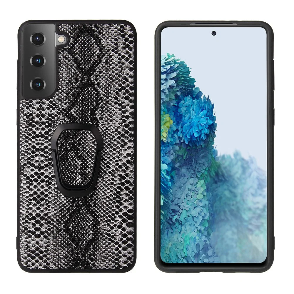 Ring-Shape Kickstand Design PU Leather Coated Phone Cover Shell for Samsung Galaxy S21 4G/5G - Snake Texture - 1