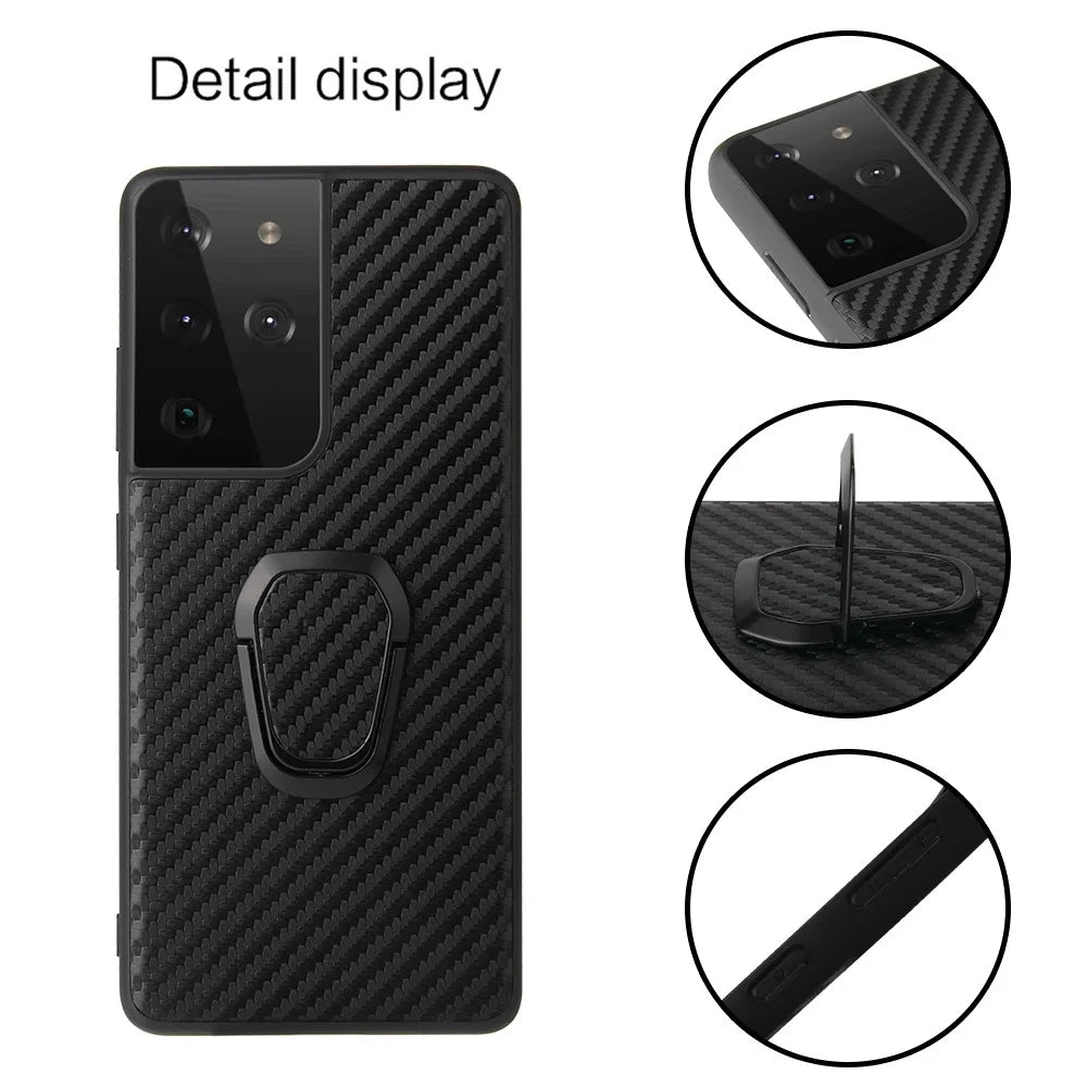 Ring-Shape Kickstand Design Phone Cover Shell Coated with PU Leather for Samsung Galaxy S21 Ultra 5G - Carbon Fiber Texture - 2