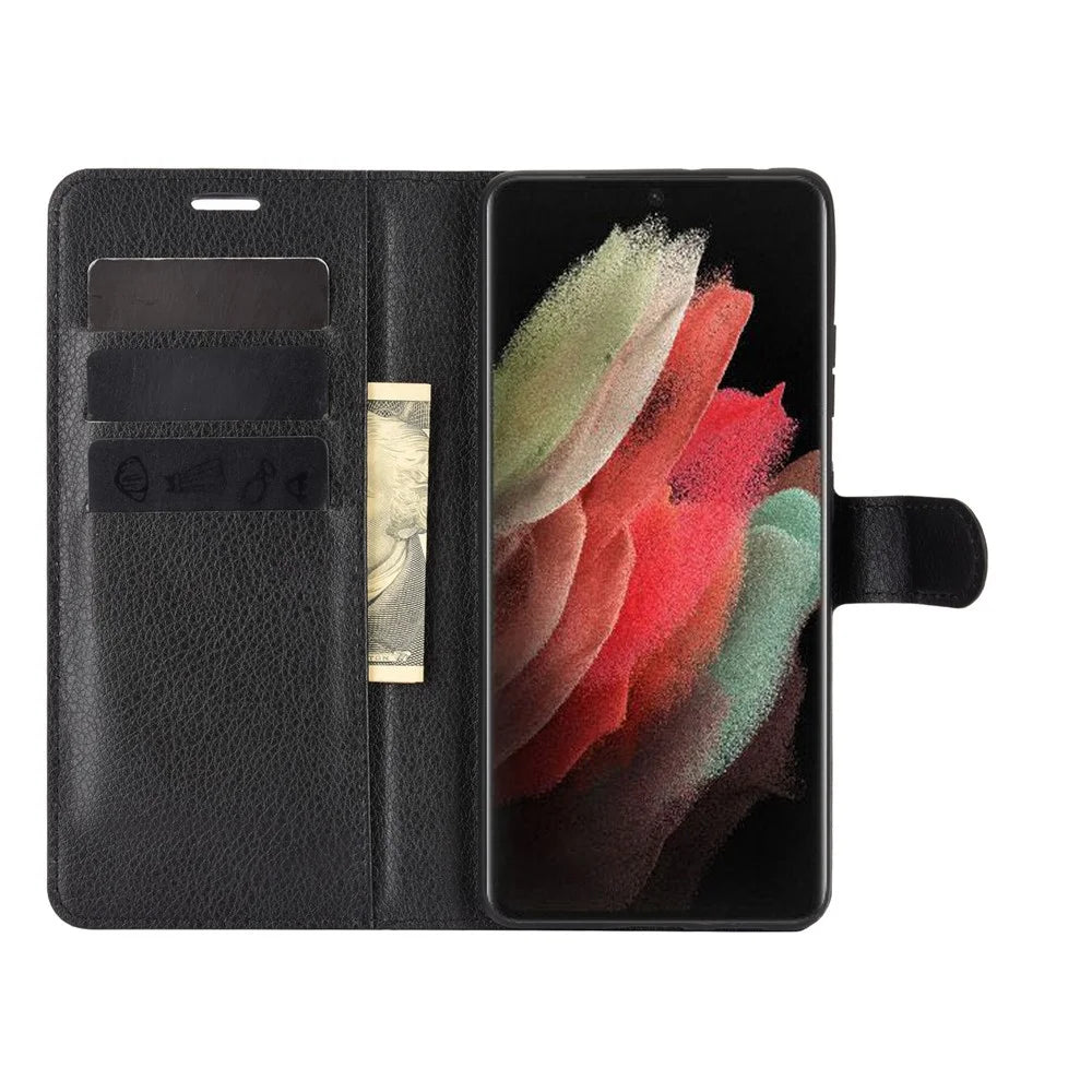 Litchi Texture Leather Phone Protective Cover with Wallet Stand Design for Samsung Galaxy S21 Ultra 5G - Black - 4