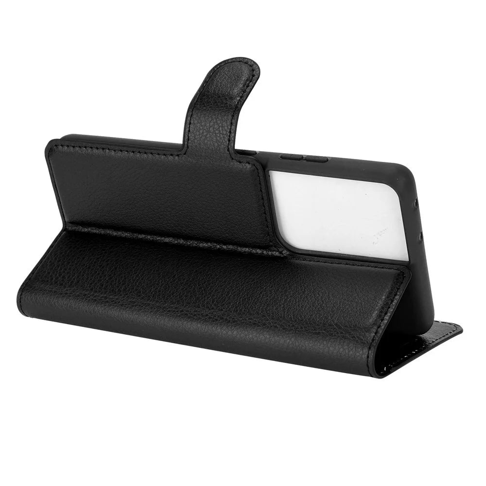Litchi Texture Leather Phone Protective Cover with Wallet Stand Design for Samsung Galaxy S21 Ultra 5G - Black - 5