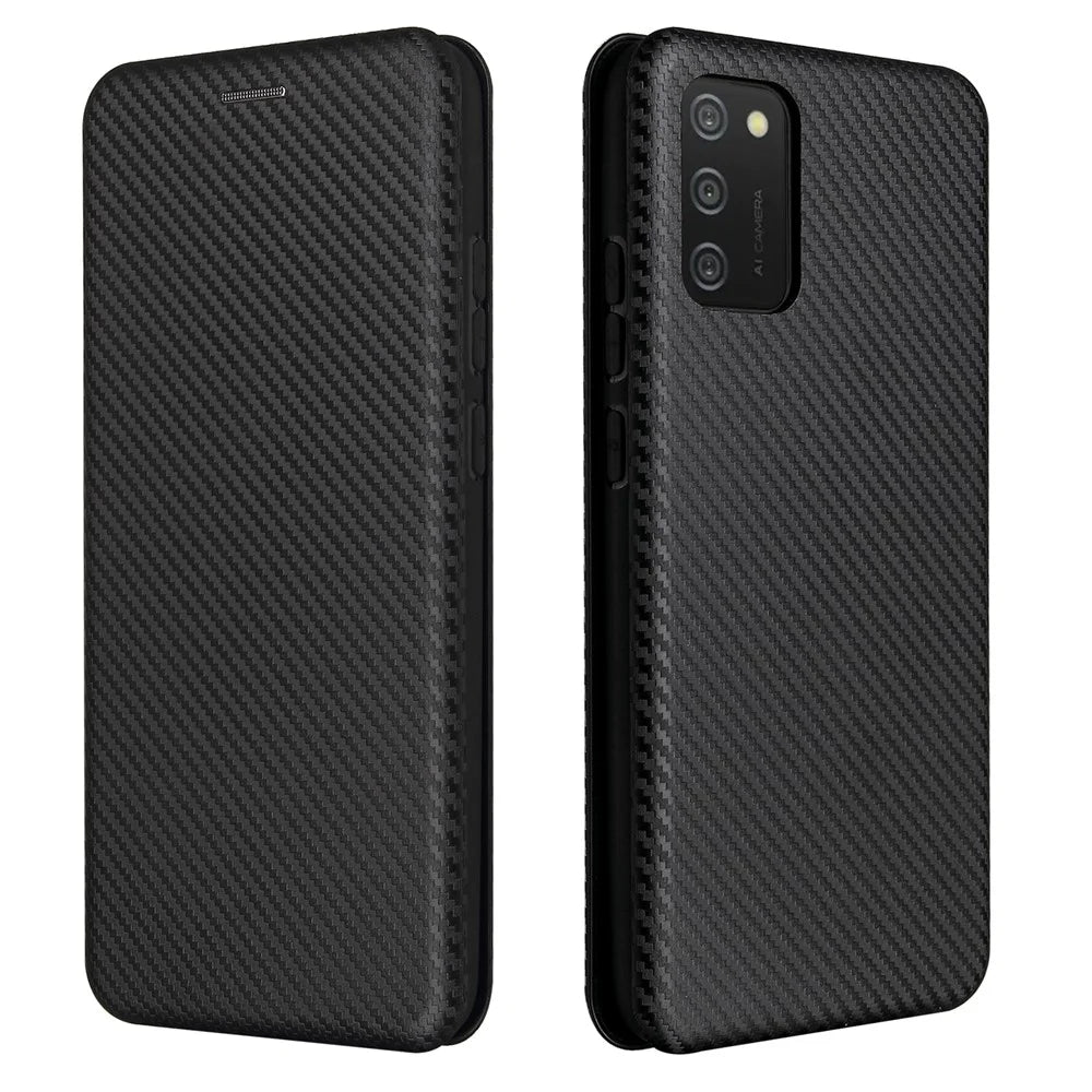 Anti-scratch Carbon Fiber Texture Auto-absorbed Leather Cover for Samsung Galaxy A02s (164.2mm) Stand Shell - Black - 2