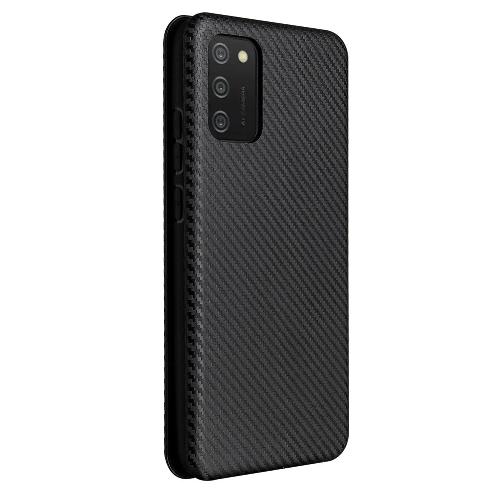 Anti-scratch Carbon Fiber Texture Auto-absorbed Leather Cover for Samsung Galaxy A02s (164.2mm) Stand Shell - Black - 4