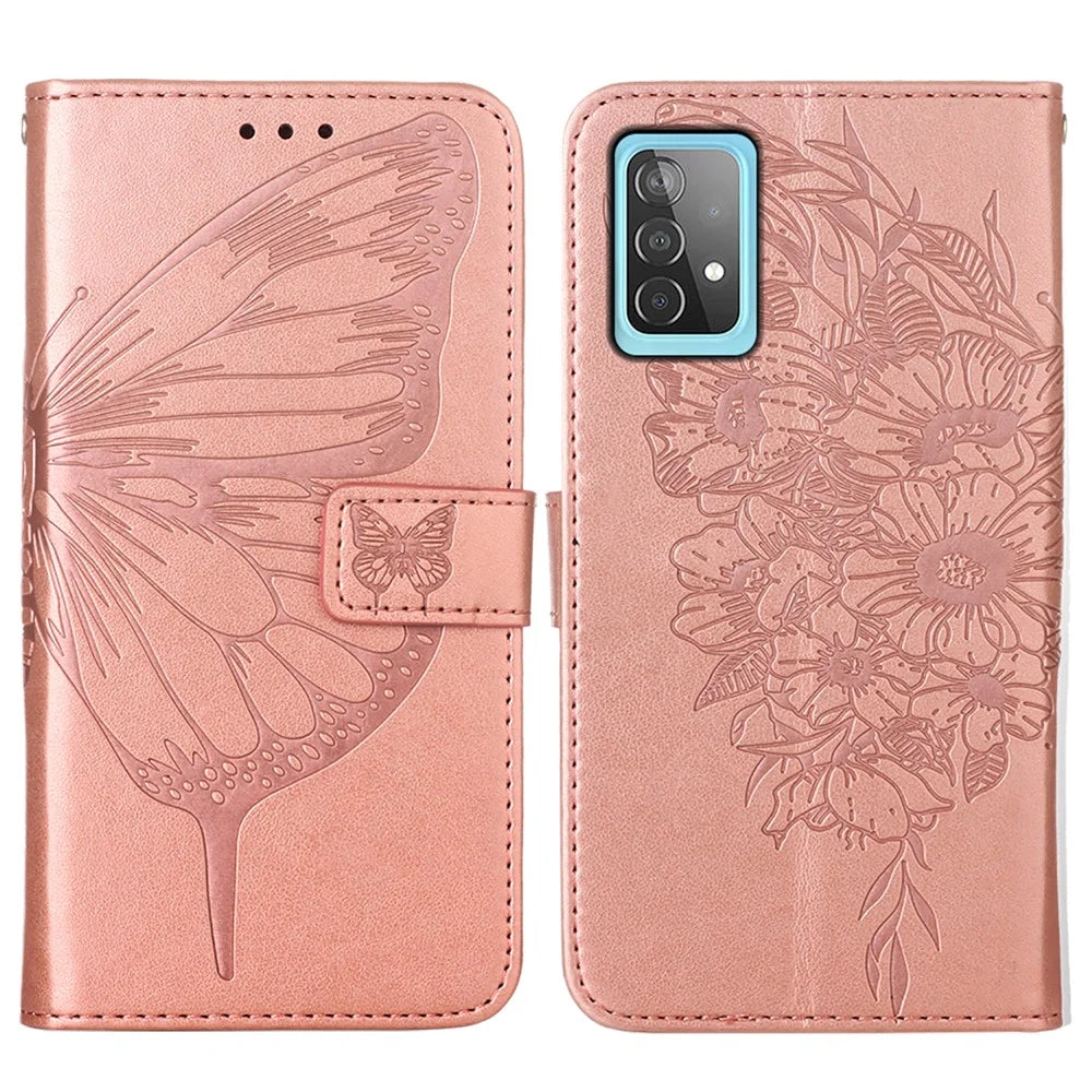 Imprint Butterfly Flower Pattern Wallet Stand Leather Case for Samsung Galaxy A52 4G/5G / A52s 5G - Rose Gold - 3