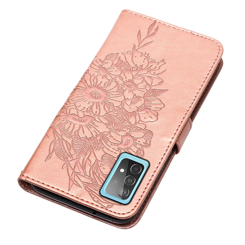 Imprint Butterfly Flower Pattern Wallet Stand Leather Case for Samsung Galaxy A52 4G/5G / A52s 5G - Rose Gold - 5