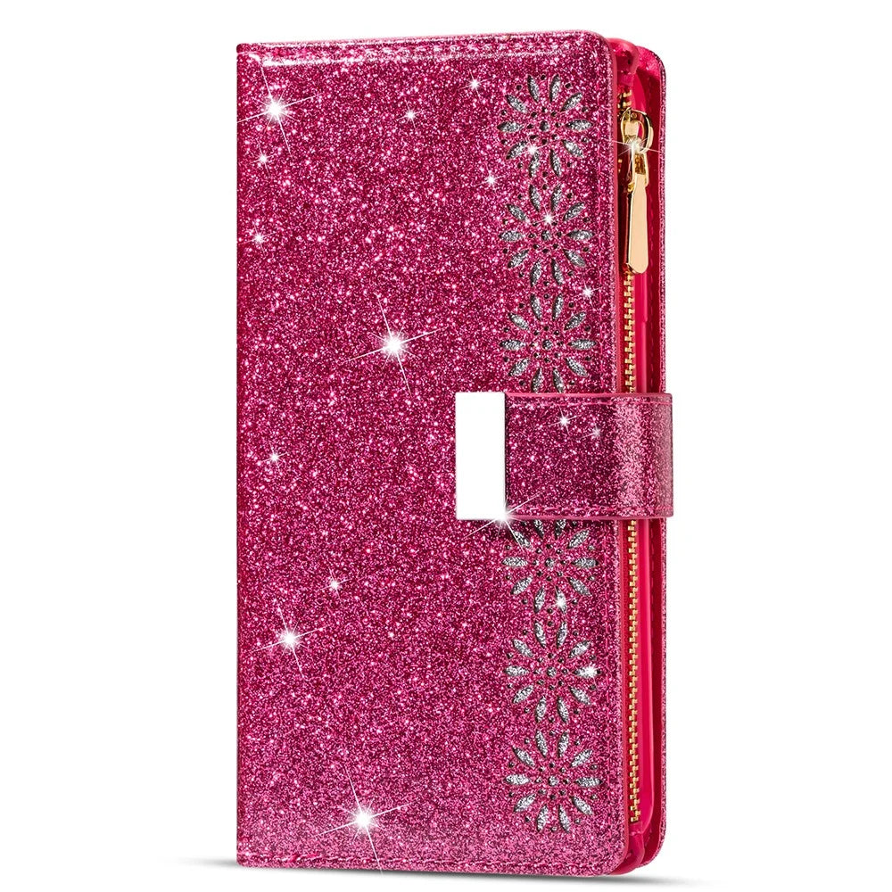 Glittery Starry Style Laser Carving Zipper Wallet Leather Case for Samsung Galaxy A12 - Rose - 2