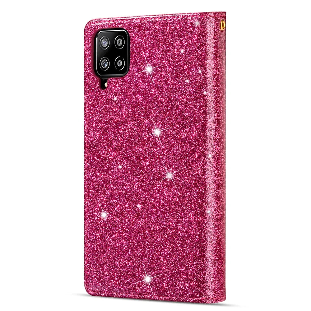 Glittery Starry Style Laser Carving Zipper Wallet Leather Case for Samsung Galaxy A12 - Rose - 3