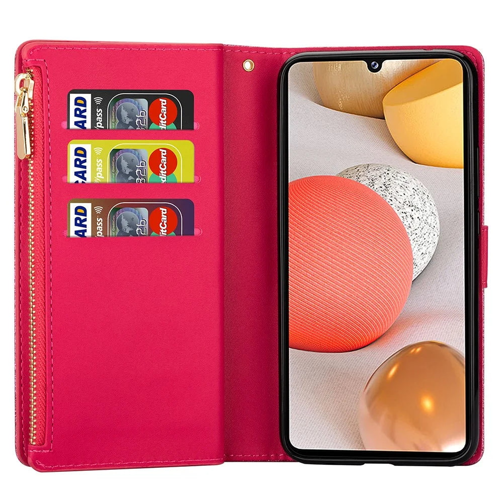 Glittery Starry Style Laser Carving Zipper Wallet Leather Case for Samsung Galaxy A12 - Rose - 5