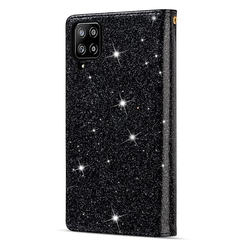 Glittery Starry Style Laser Carving Zipper Leather Smartphone Case for Samsung Galaxy A42 5G - Black - 2