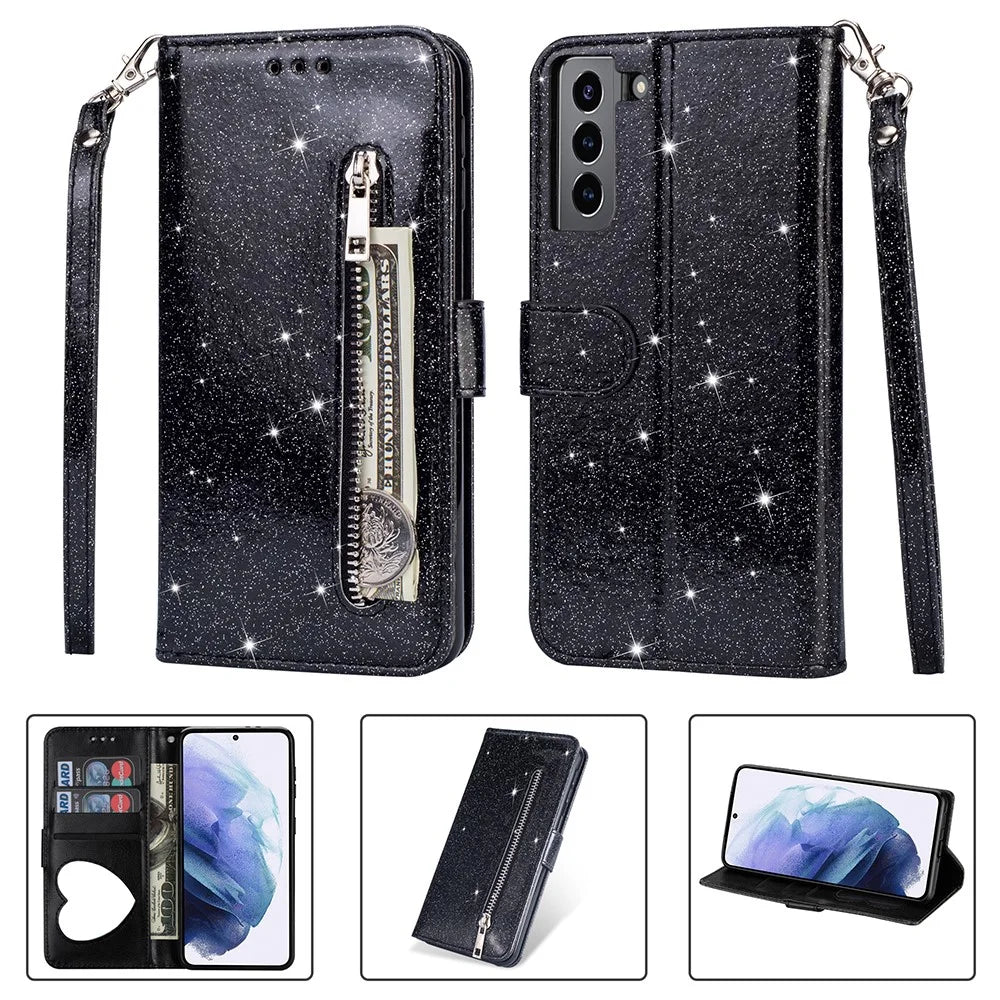 Flash Powder Zipper Pocket Wallet Flip Leather Phone Case with Strap for Samsung Galaxy S21 4G/5G - Black - 1