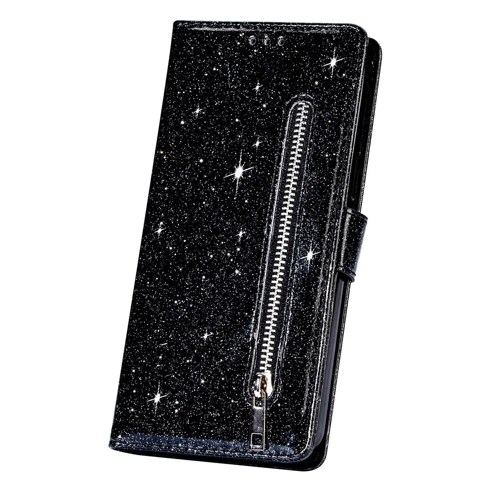 Flash Powder Zipper Pocket Wallet Flip Leather Phone Case with Strap for Samsung Galaxy S21 4G/5G - Black - 4