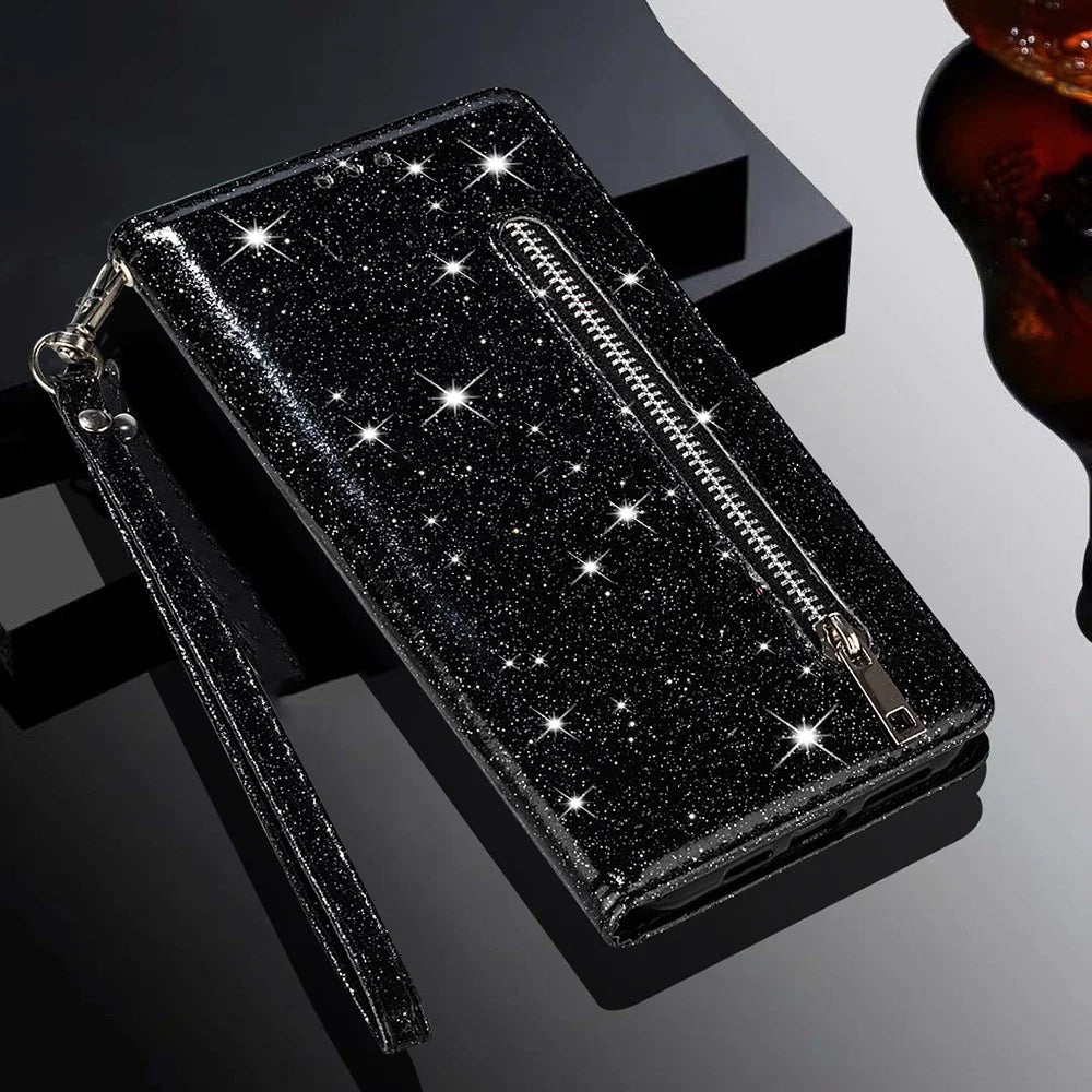Flash Powder Zipper Pocket Wallet Flip Leather Phone Case with Strap for Samsung Galaxy S21 4G/5G - Black - 7