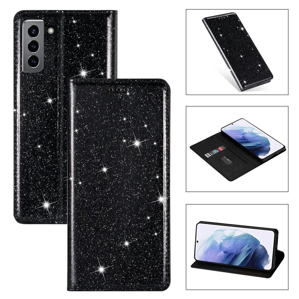 Flash Powder Auto-absorbed Ultra-thin Leather Stand Case for Samsung Galaxy S21 4G/5G - Black - 1