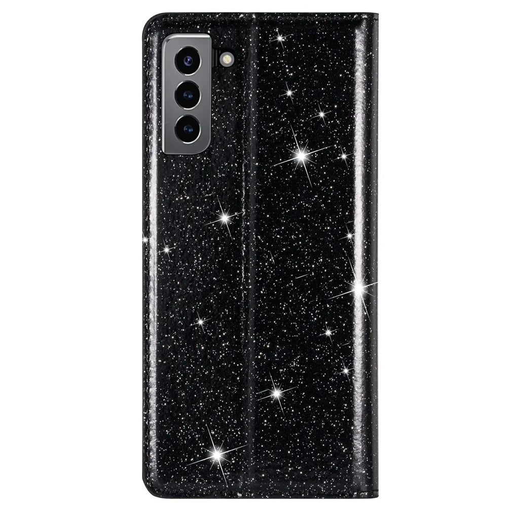 Flash Powder Auto-absorbed Ultra-thin Leather Stand Case for Samsung Galaxy S21 4G/5G - Black - 2