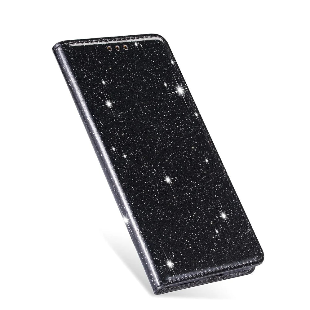 Flash Powder Auto-absorbed Ultra-thin Leather Stand Case for Samsung Galaxy S21 4G/5G - Black - 4
