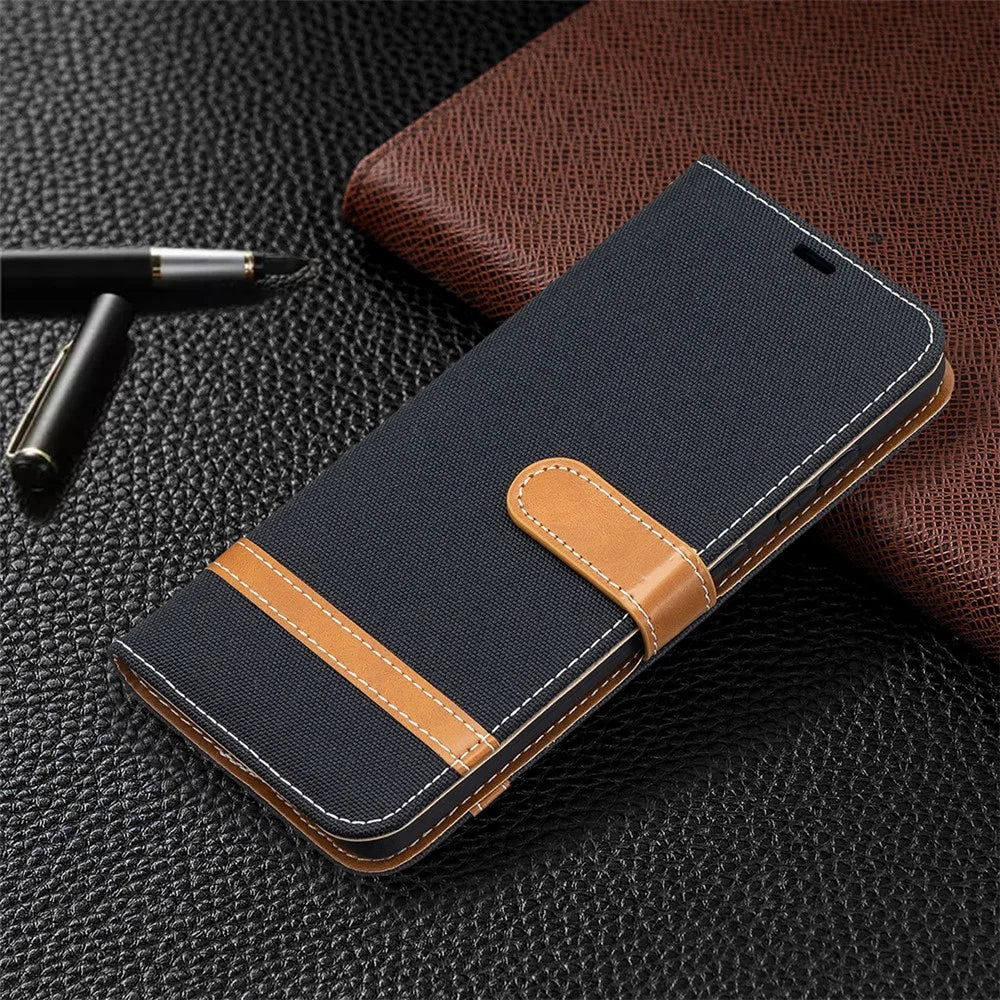 For Samsung Galaxy A52 4G/5G / A52s 5G Color Splicing Jeans Cloth Surface Wallet Leather Phone Cover - Black - 7