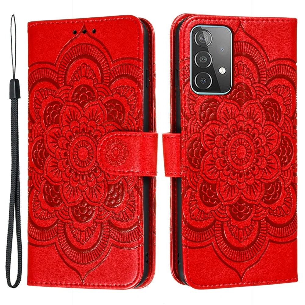 Imprint Mandala Flower Wallet Leather Cover for Samsung Galaxy A52 4G/5G / A52s 5G Protective Stand Shell - Red - 1