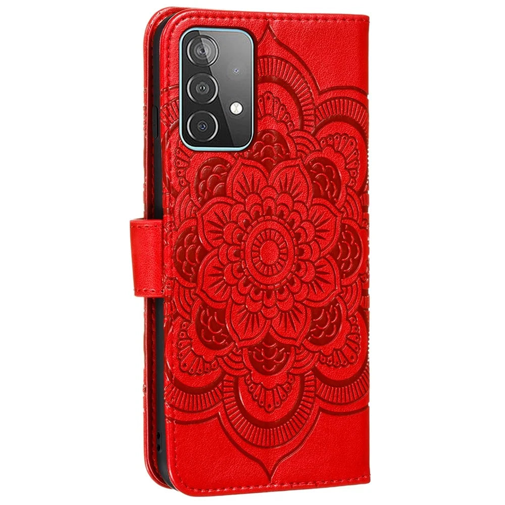 Imprint Mandala Flower Wallet Leather Cover for Samsung Galaxy A52 4G/5G / A52s 5G Protective Stand Shell - Red - 3