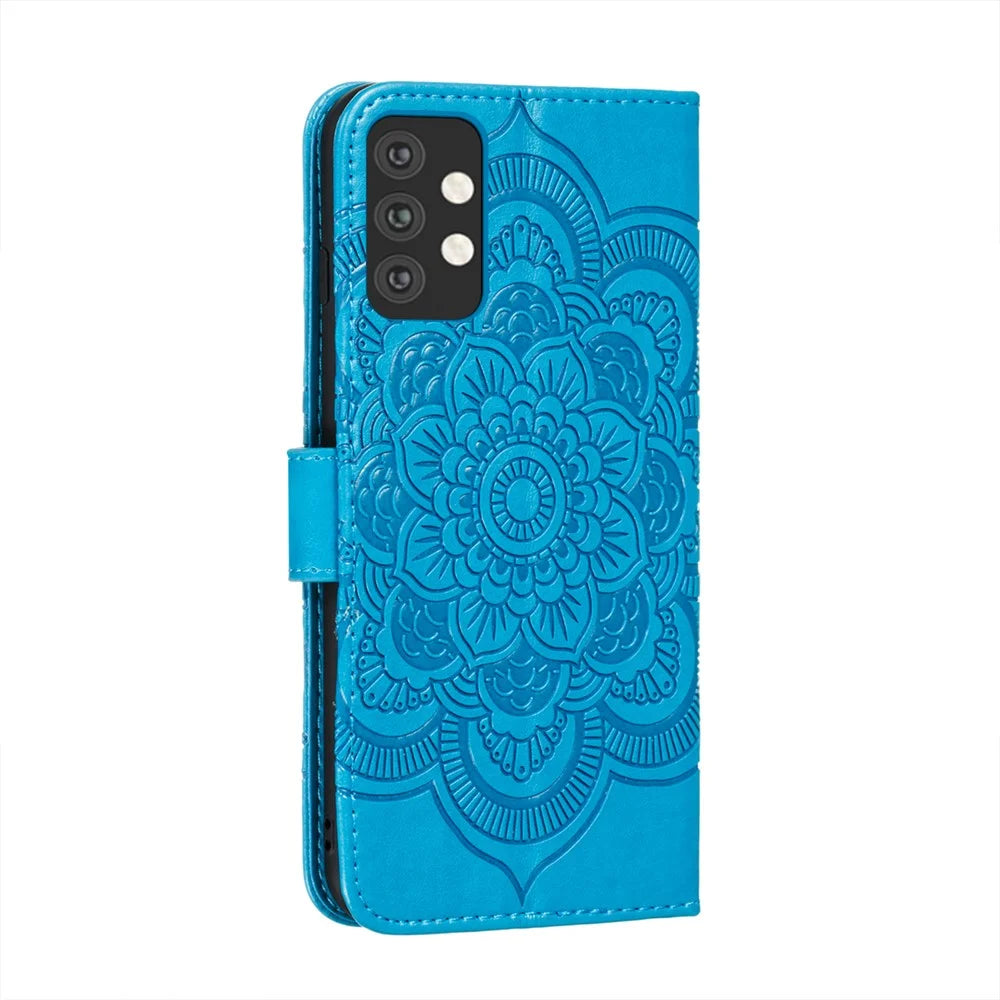 Imprint Mandala Flower Stand Leather Flip Shell for Samsung Galaxy A32 5G Case - Blue - 3