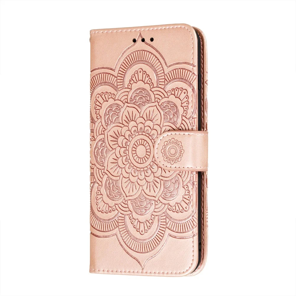 Imprint Mandala Flower Stand for Samsung Galaxy A12 Leather Case - Rose Gold - 2