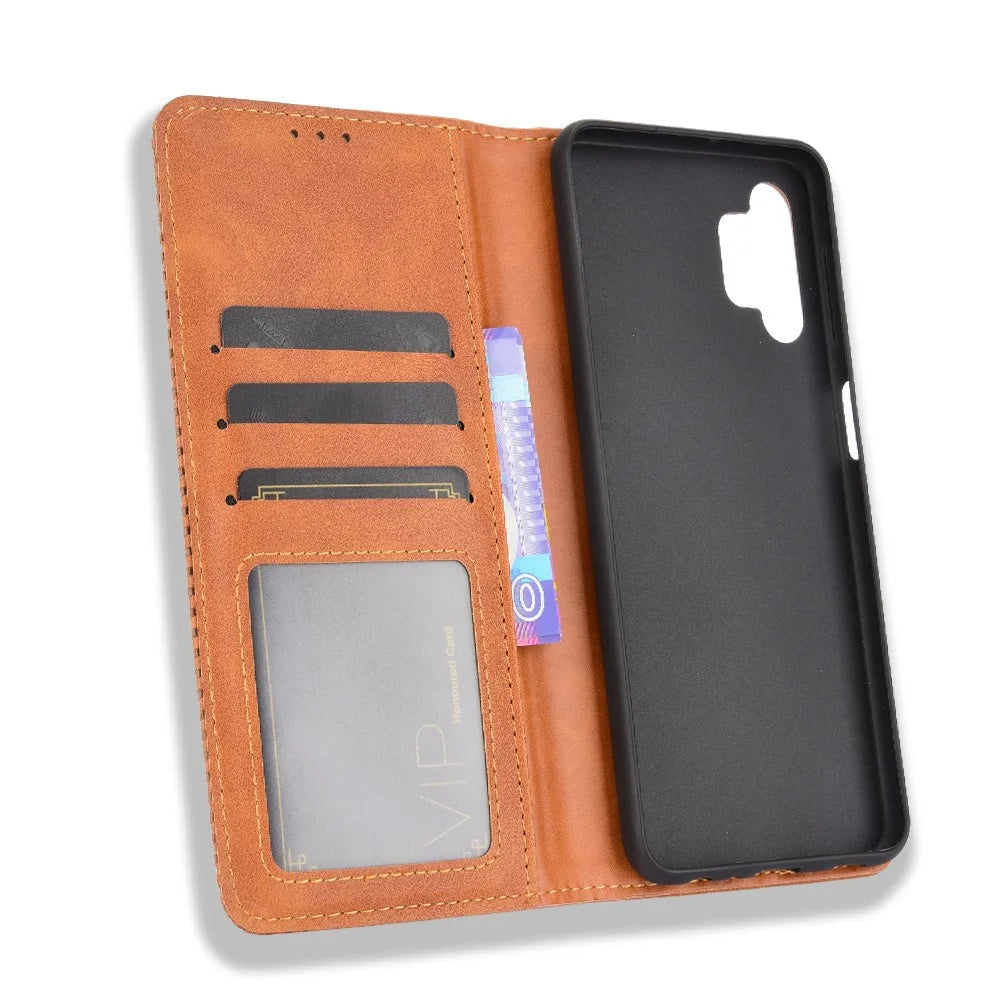 Magnetic Vintage Style Wallet Stand Phone Case Cover for Samsung Galaxy A32 5G/M32 5G - Brown - 3