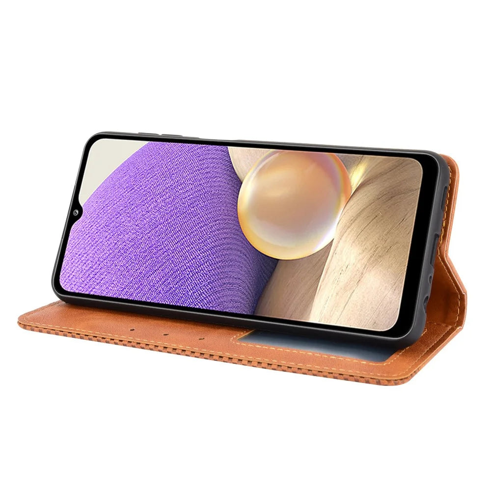 Magnetic Vintage Style Wallet Stand Phone Case Cover for Samsung Galaxy A32 5G/M32 5G - Brown - 5