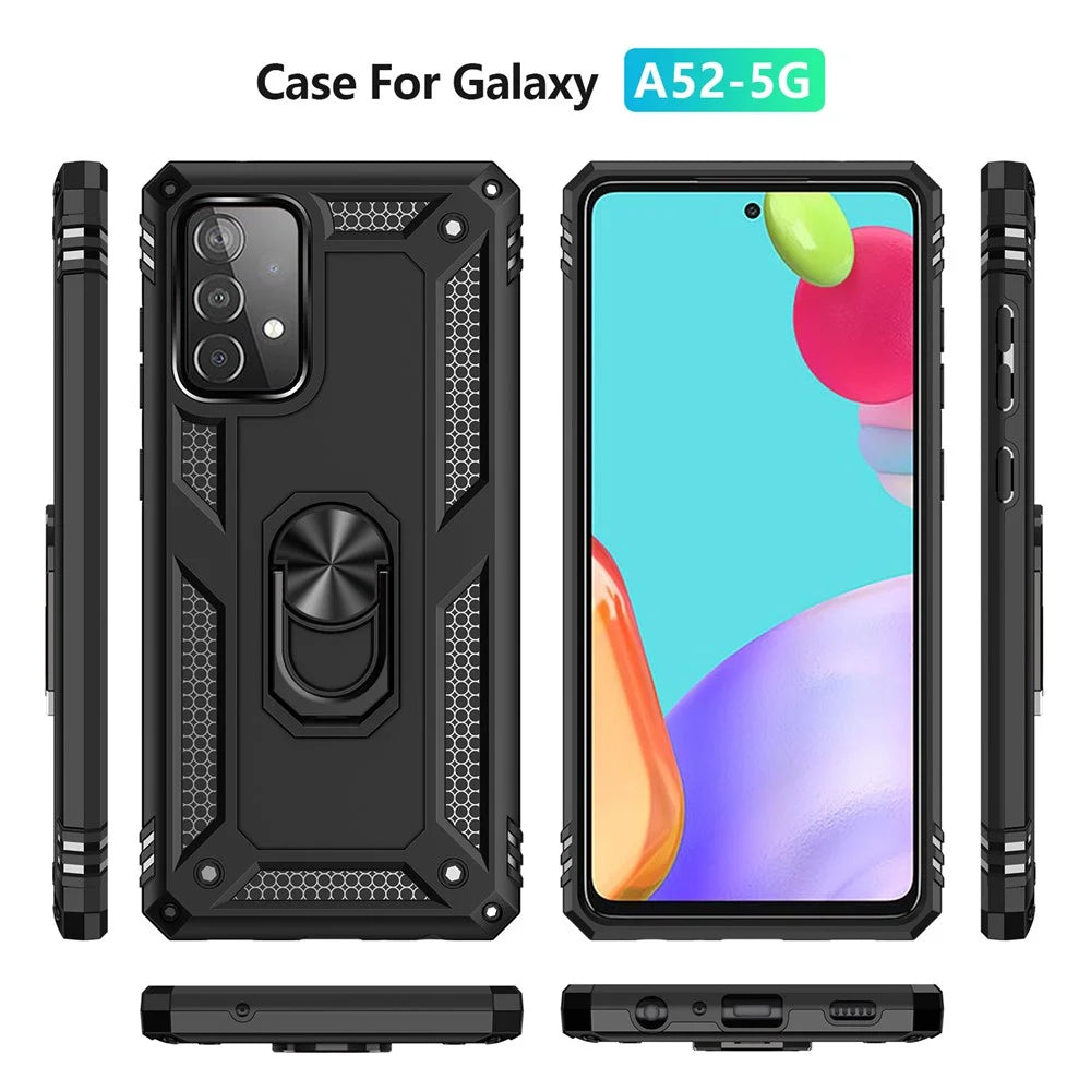 Armor Anti-fall Metal Ring Kickstand Design Hybrid PC TPU Shell for Samsung Galaxy A52 4G/5G / A52s 5G - Black - 3