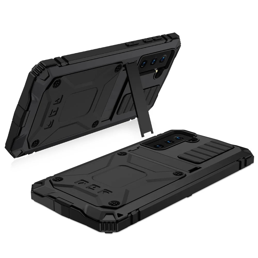 R-JUST Shockproof Dustproof Kickstand TPU+Metal Protector Cover Kickstand Shell for Samsung Galaxy S21+ 5G - Black - 2