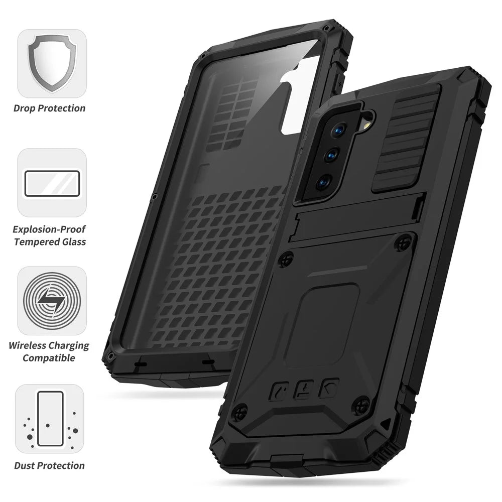 R-JUST Shockproof Dustproof Kickstand TPU+Metal Protector Cover Kickstand Shell for Samsung Galaxy S21+ 5G - Black - 3
