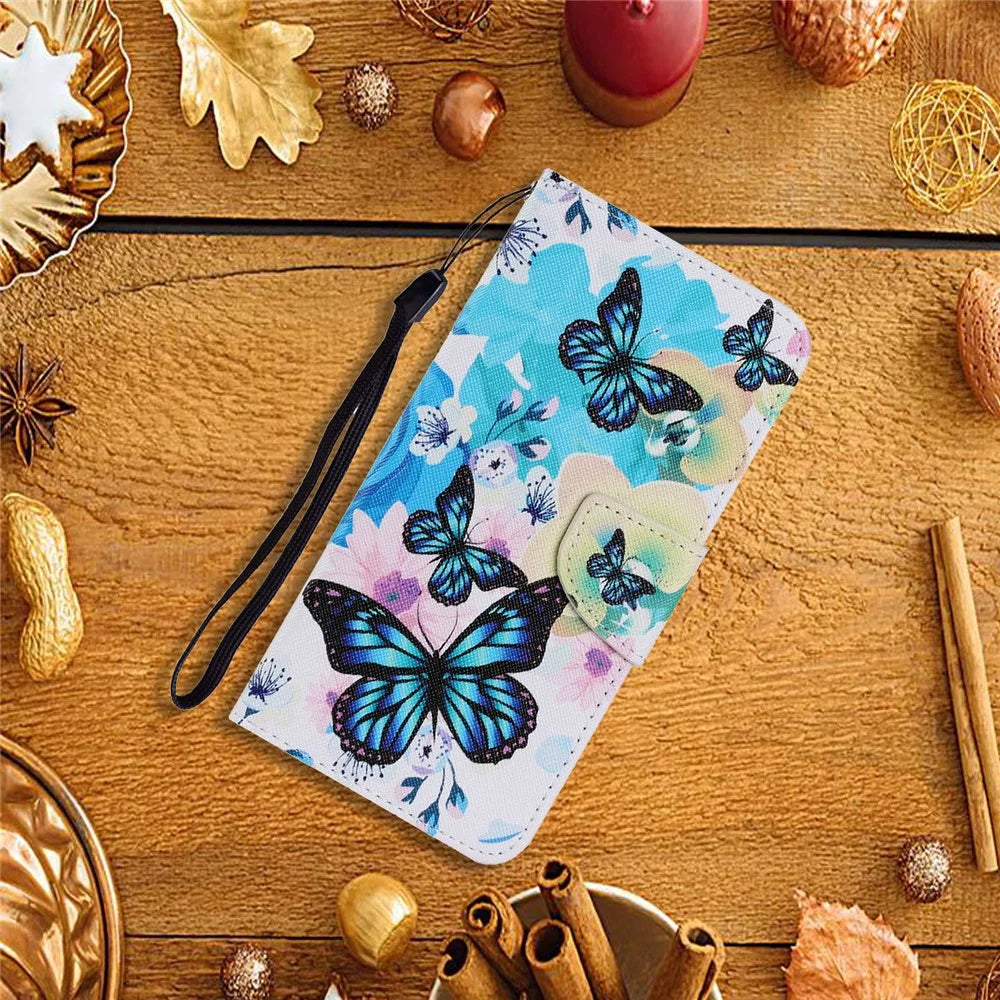 Pattern Printing TPU + PU Leather Wallet Stand Phone Case with Lanyard for Samsung Galaxy A02s (164.2mm) - Butterfly - 5