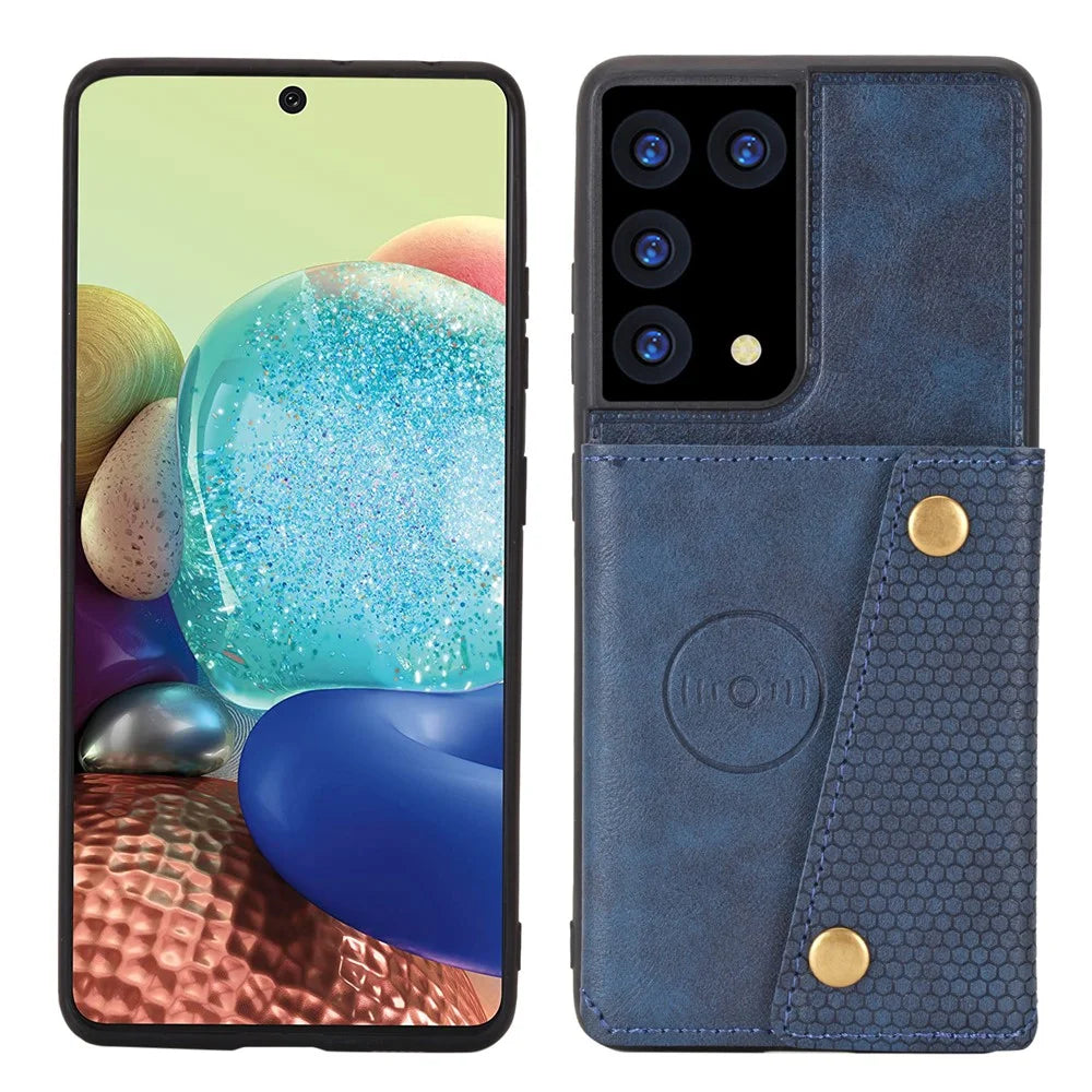 Card Slots Design PU Leather Coated TPU Shell Case with Kickstand + Built-in Magnetic Sheet for Samsung Galaxy S21 Ultra 5G - Blue - 2