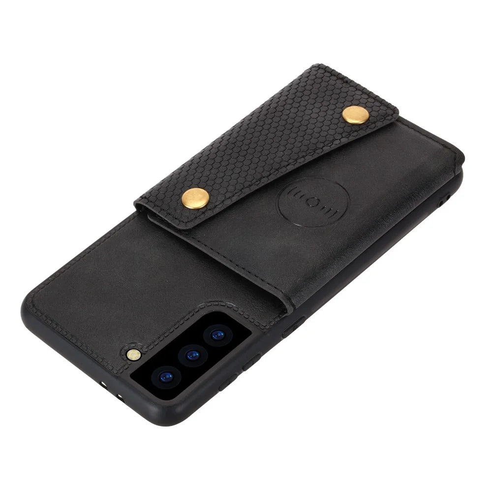 For Samsung Galaxy S21 4G/5G Card Slots Kickstand Design PU Leather Coated TPU Shell Case [Built-in Vehicle Magnetic Sheet] - Black - 5