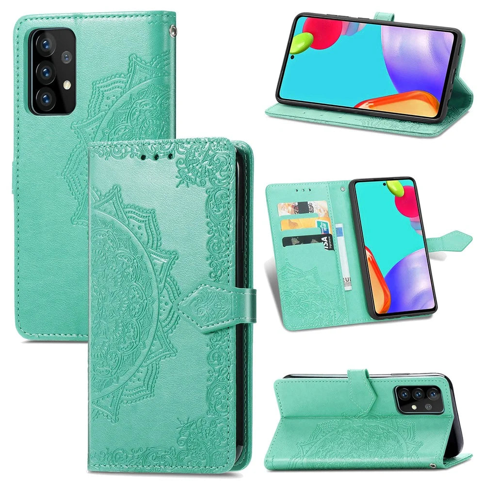 Embossed Mandala Flower Leather Case with Wallet Stand for Samsung Galaxy A52 4G/5G / A52s 5G - Green - 1