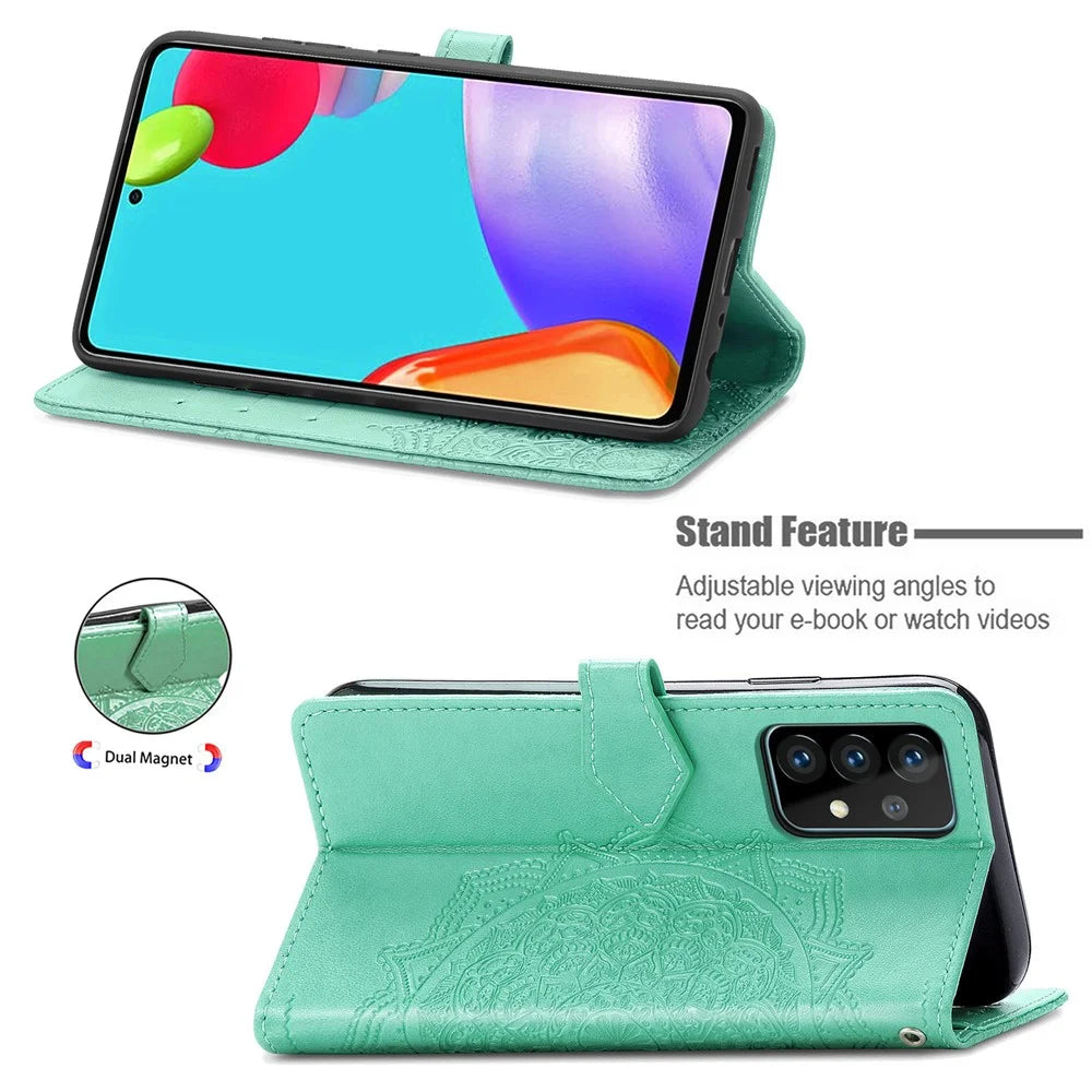 Embossed Mandala Flower Leather Case with Wallet Stand for Samsung Galaxy A52 4G/5G / A52s 5G - Green - 4