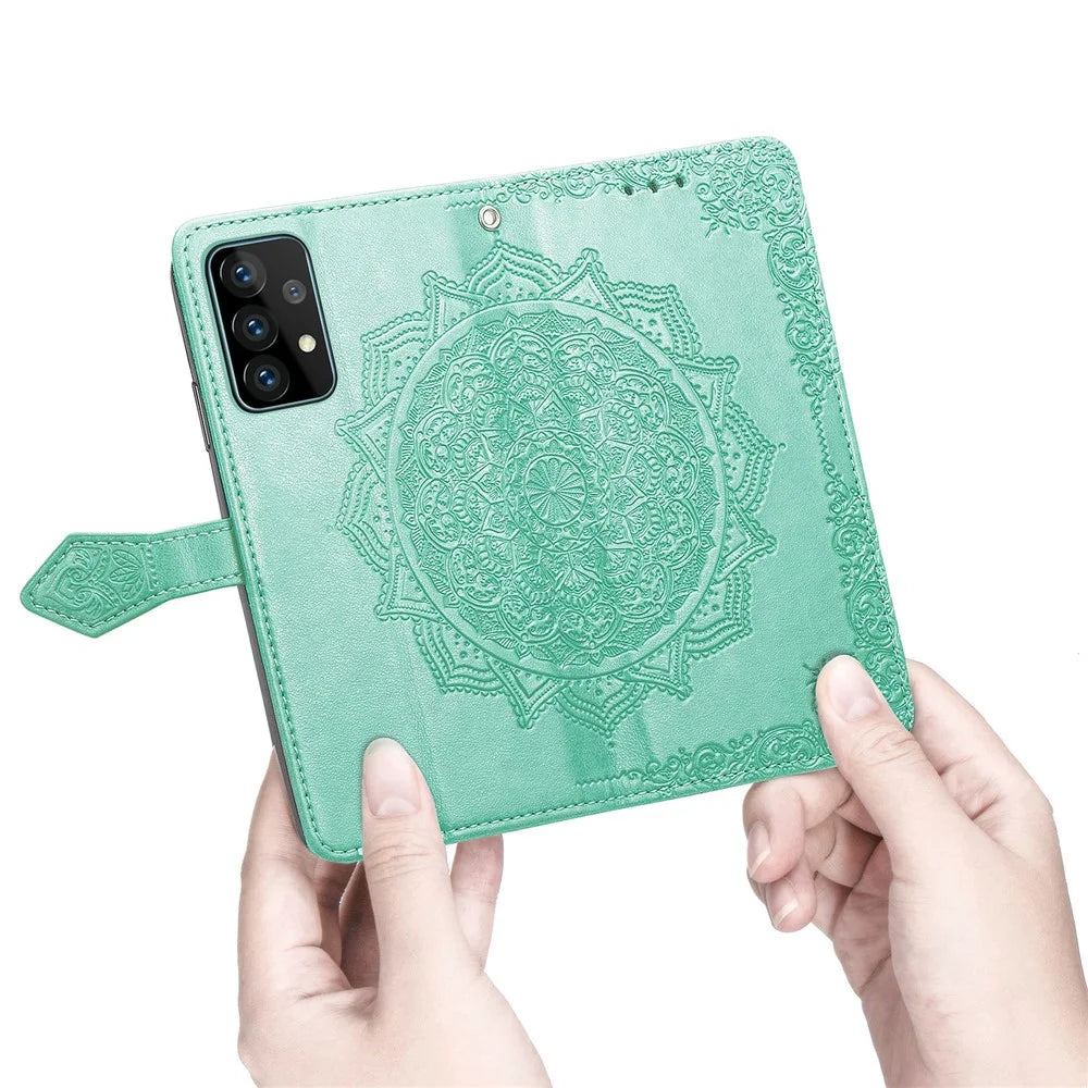 Embossed Mandala Flower Leather Case with Wallet Stand for Samsung Galaxy A52 4G/5G / A52s 5G - Green - 5