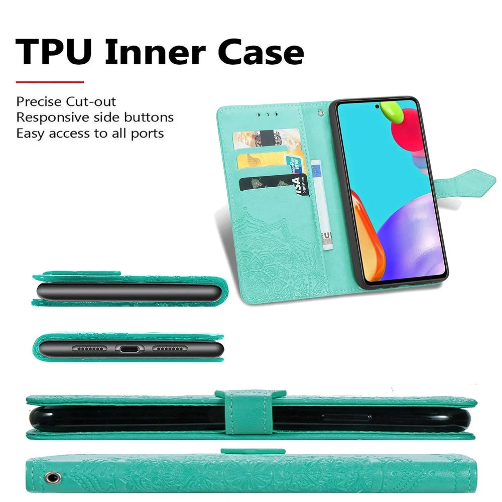 Embossed Mandala Flower Leather Case with Wallet Stand for Samsung Galaxy A52 4G/5G / A52s 5G - Green - 7