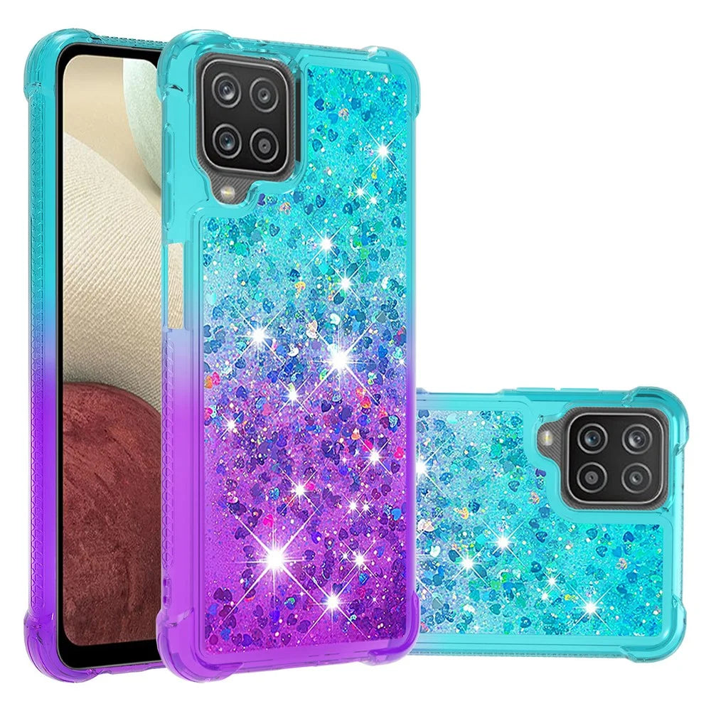Shockproof Gradient Quicksand TPU Shell for Samsung Galaxy A12/M12 - Baby Blue/Purple - 1