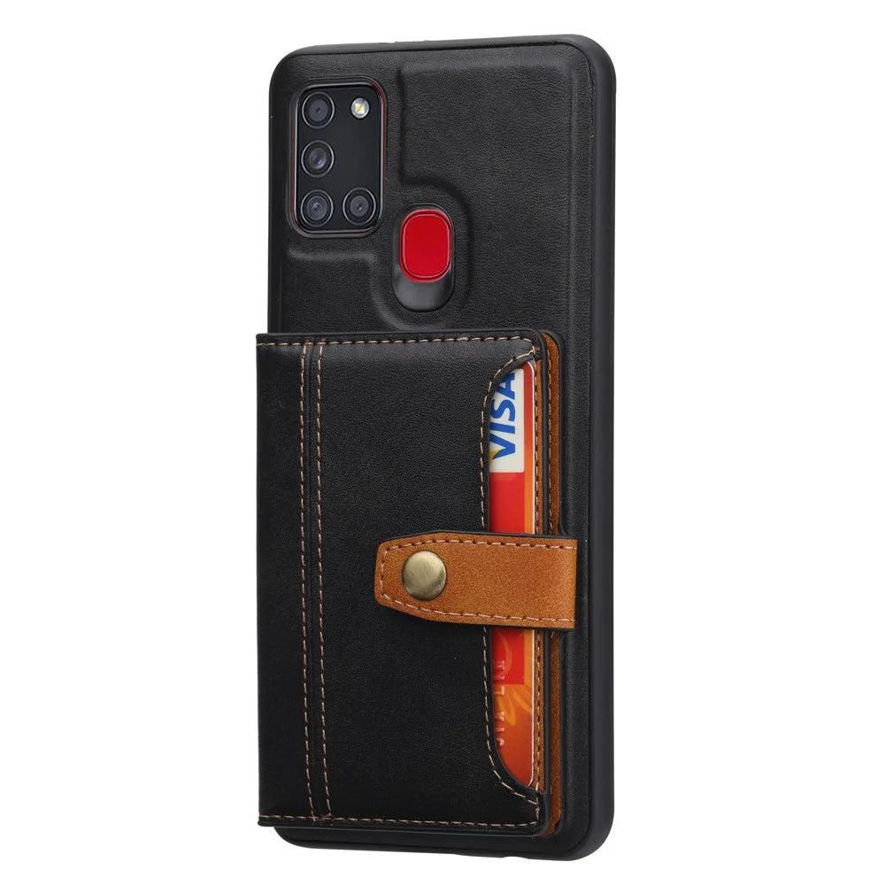 Card Slots PU Leather Coated TPU Case [Kickstand] for Samsung Galaxy A21s - Black - 2