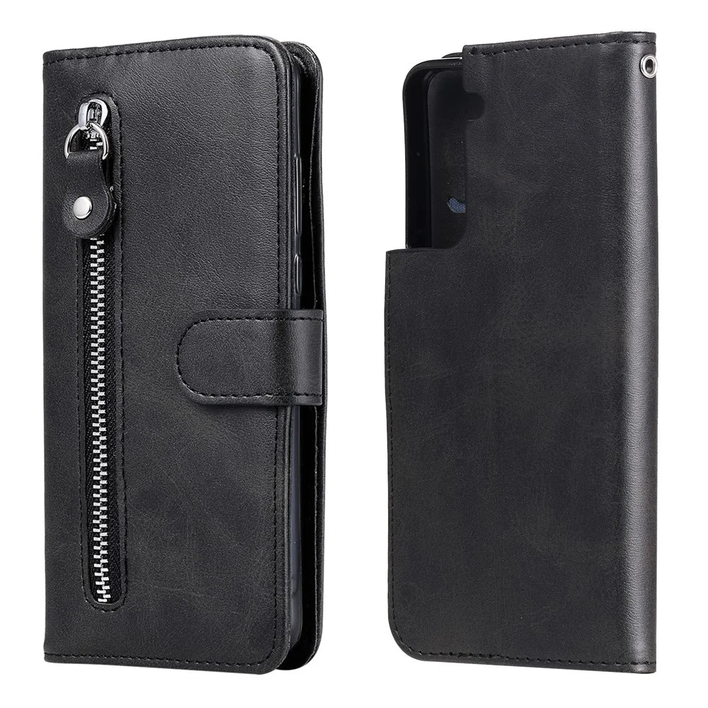Zipper Pocket Leather Wallet Stand Case for Samsung Galaxy S21+ 5G - Black - 2