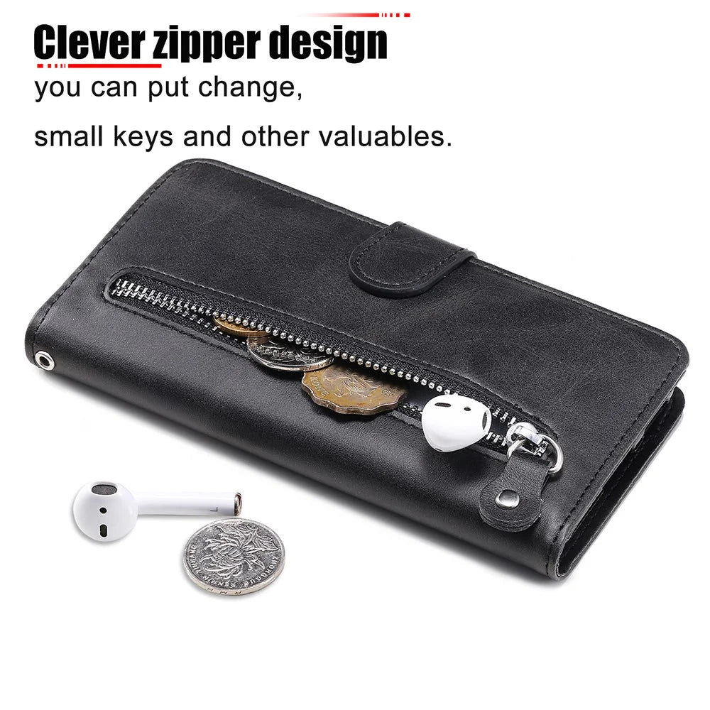 Zipper Pocket Wallet Leather Stand Smartphone Case for Samsung Galaxy A52 4G/5G / A52s 5G - Black - 7