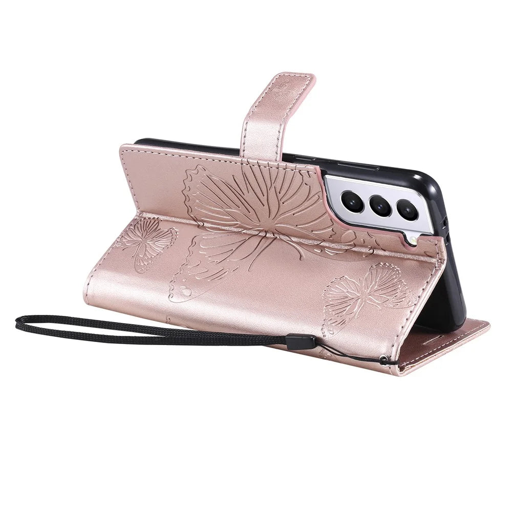 For Samsung Galaxy S21 4G / 5G Wallet Case Floral Butterfly Imprinted Leather Phone Cover Stand - Rose Gold - 6